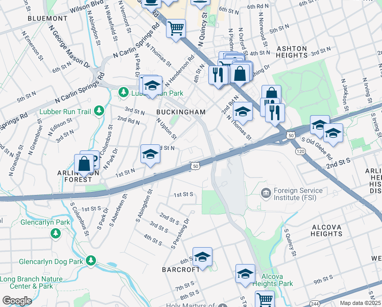 map of restaurants, bars, coffee shops, grocery stores, and more near 4501 Arlington Boulevard in Arlington