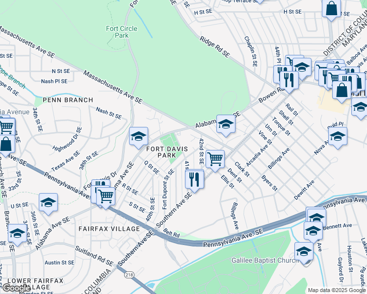 map of restaurants, bars, coffee shops, grocery stores, and more near 1432 41st Street Southeast in Washington
