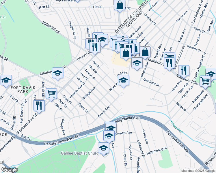 map of restaurants, bars, coffee shops, grocery stores, and more near 4313 Shell Street in Capitol Heights