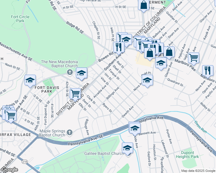 map of restaurants, bars, coffee shops, grocery stores, and more near 4103 Vine Street in Capitol Heights