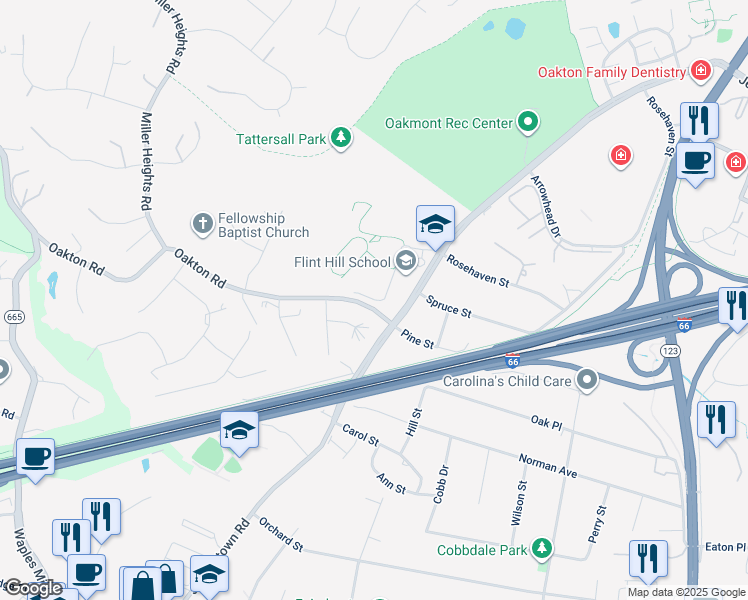 map of restaurants, bars, coffee shops, grocery stores, and more near 10816 Oakton Road in Oakton