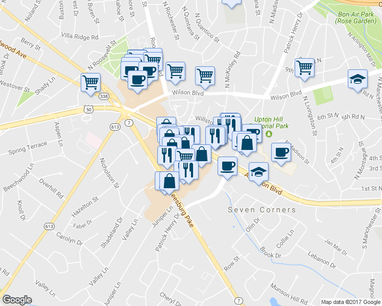 map of restaurants, bars, coffee shops, grocery stores, and more near 6199 Arlington Boulevard in Seven Corners