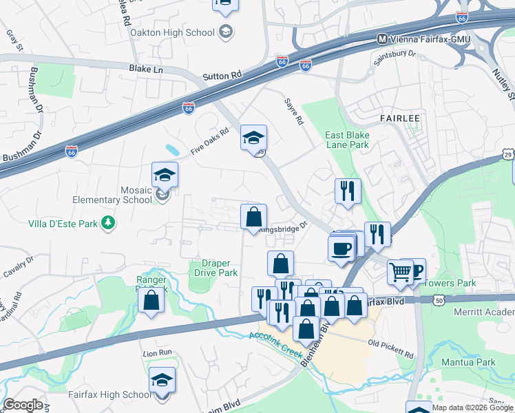 map of restaurants, bars, coffee shops, grocery stores, and more near 9711 Kings Crown Court in Fairfax