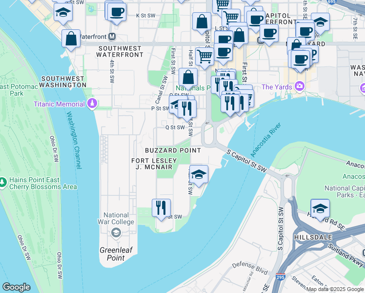 map of restaurants, bars, coffee shops, grocery stores, and more near 32 R Street Southwest in Washington