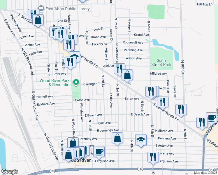 map of restaurants, bars, coffee shops, grocery stores, and more near 666 Leslie Avenue in Wood River