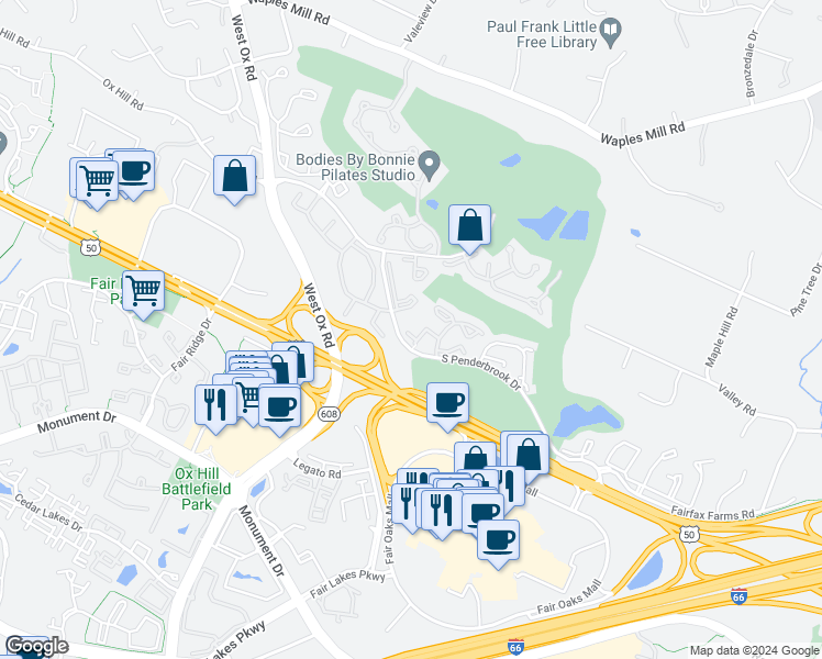 map of restaurants, bars, coffee shops, grocery stores, and more near 12028 Lisa Marie Court in Fairfax