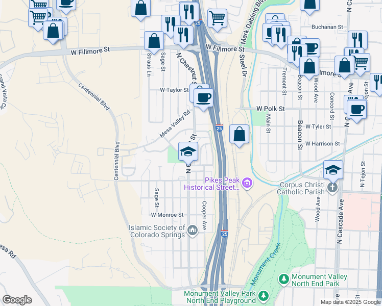 map of restaurants, bars, coffee shops, grocery stores, and more near 2617 North Chestnut Street in Colorado Springs