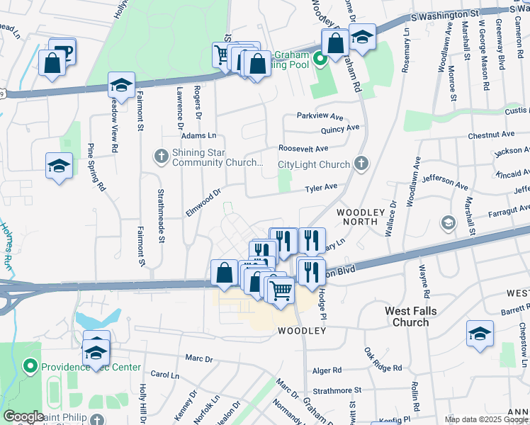 map of restaurants, bars, coffee shops, grocery stores, and more near 2961 Monticello Drive in Falls Church
