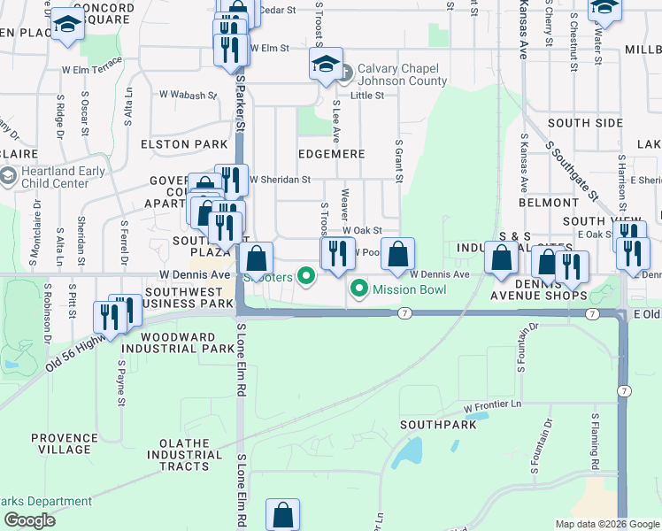 map of restaurants, bars, coffee shops, grocery stores, and more near 928 South Troost Street in Olathe
