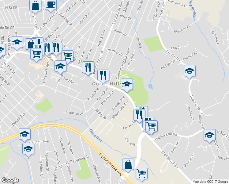 map of restaurants, bars, coffee shops, grocery stores, and more near 1402 Pacific Avenue in Capitol Heights