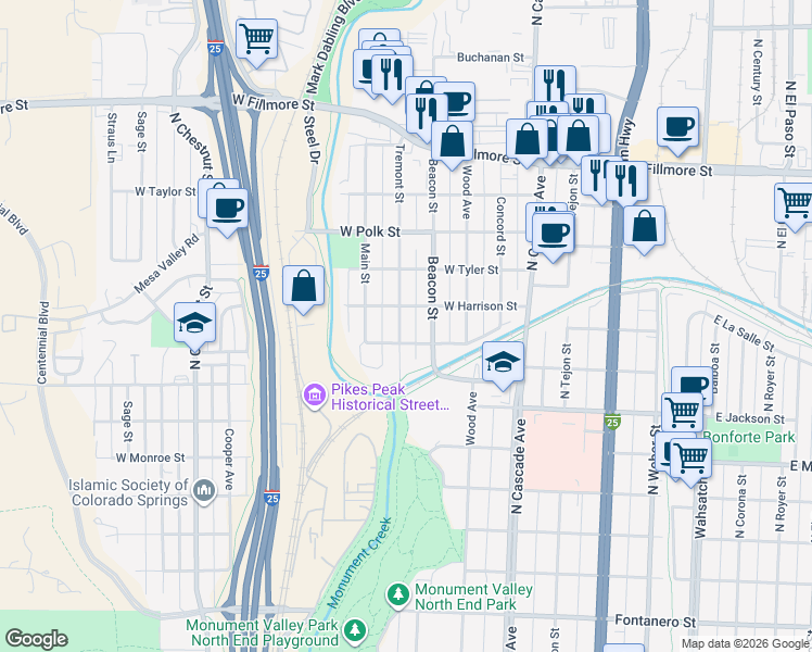 map of restaurants, bars, coffee shops, grocery stores, and more near 2511 Tremont Street in Colorado Springs