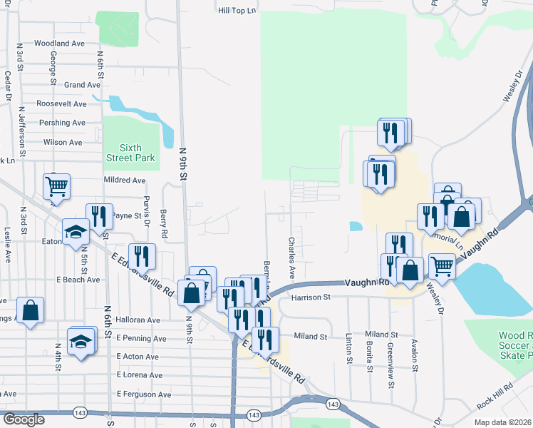 map of restaurants, bars, coffee shops, grocery stores, and more near 1 Berry Lane in Wood River
