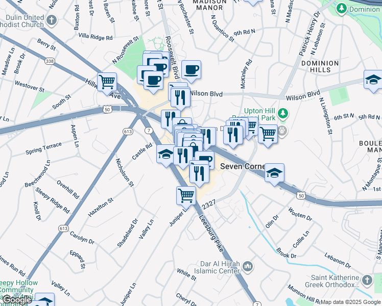 map of restaurants, bars, coffee shops, grocery stores, and more near 6260 Seven Corners Center in Falls Church