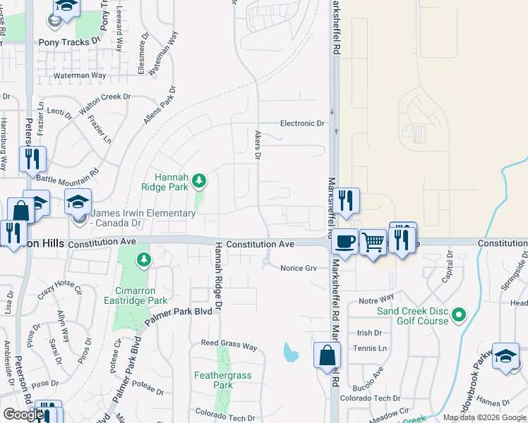 map of restaurants, bars, coffee shops, grocery stores, and more near 2645 Akers Drive in Colorado Springs