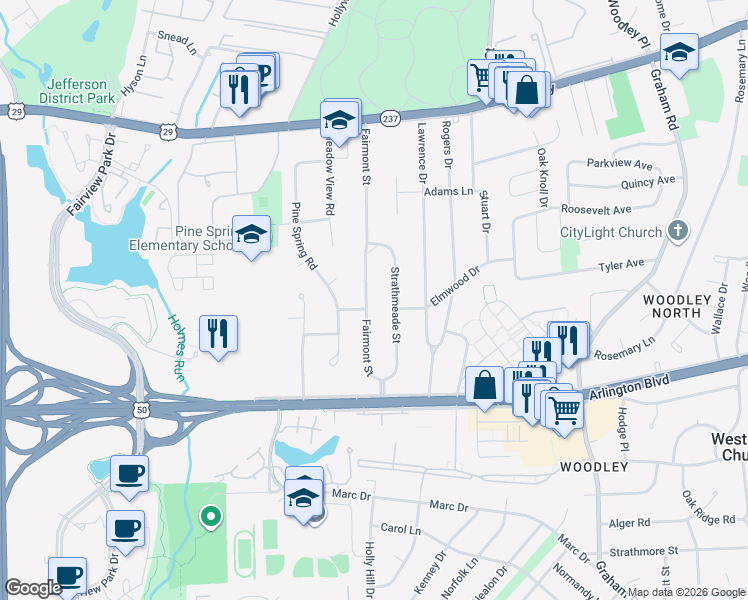 map of restaurants, bars, coffee shops, grocery stores, and more near 2941 Fairmont Street in Falls Church