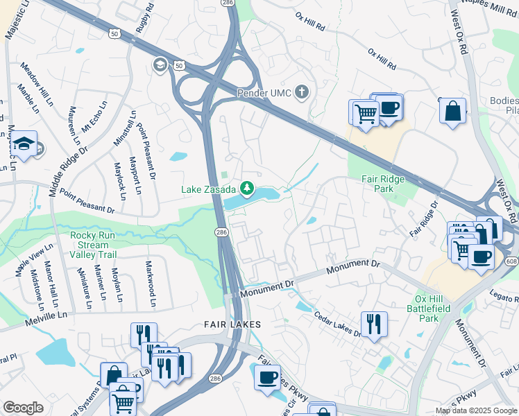 map of restaurants, bars, coffee shops, grocery stores, and more near 12507 Loston Circle in Fairfax