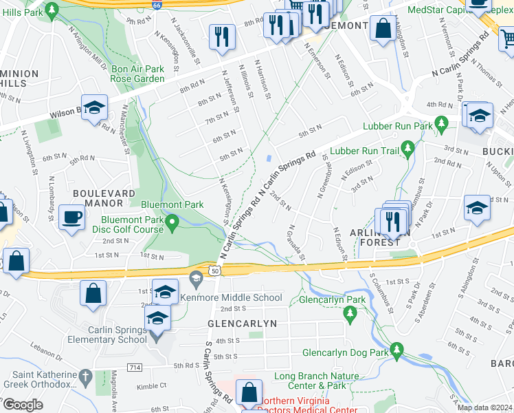 map of restaurants, bars, coffee shops, grocery stores, and more near 5508 North Carlin Springs Road in Arlington