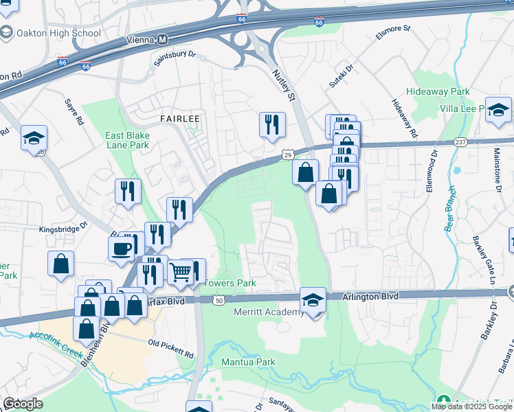map of restaurants, bars, coffee shops, grocery stores, and more near 9314 Clanbrook Court in Fairfax