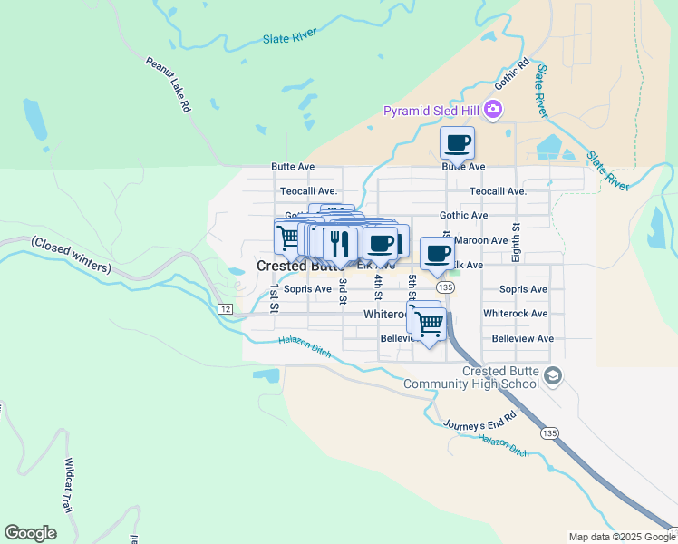 map of restaurants, bars, coffee shops, grocery stores, and more near 232 Elk Avenue in Crested Butte