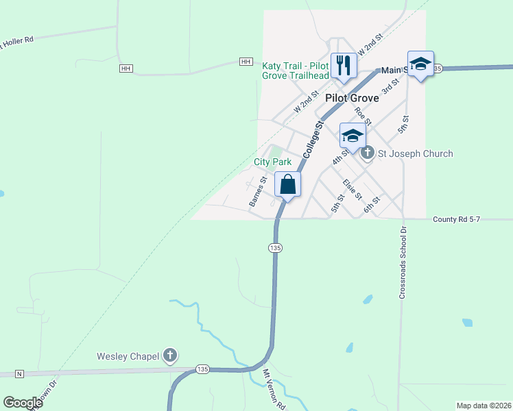 map of restaurants, bars, coffee shops, grocery stores, and more near 205 Barnes Street in Pilot Grove