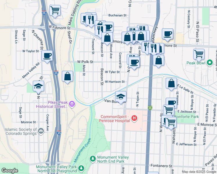 map of restaurants, bars, coffee shops, grocery stores, and more near 2514 Wood Avenue in Colorado Springs