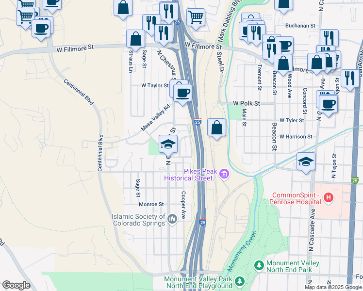map of restaurants, bars, coffee shops, grocery stores, and more near 2613 Cooper Avenue in Colorado Springs