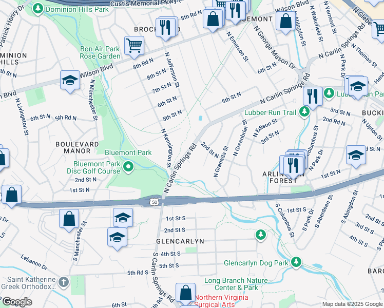 map of restaurants, bars, coffee shops, grocery stores, and more near 5508 North Carlin Springs Road in Arlington