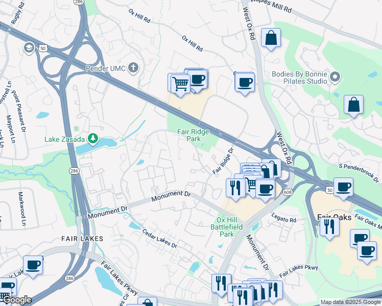 map of restaurants, bars, coffee shops, grocery stores, and more near 4033 Murdstone Court in Fairfax