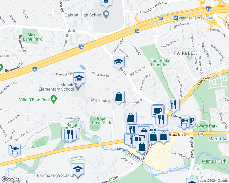 map of restaurants, bars, coffee shops, grocery stores, and more near 9710 Kingsbridge Drive in Fairfax