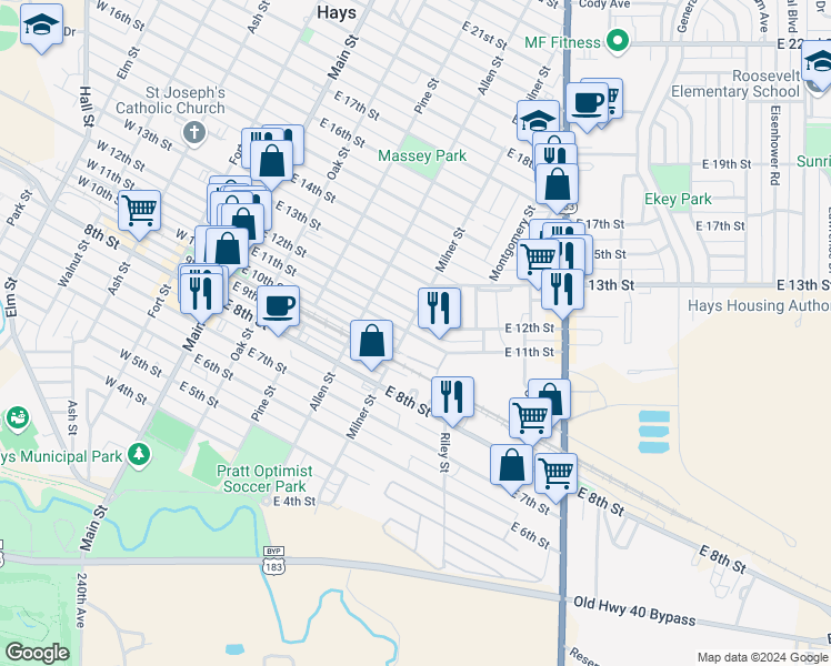 map of restaurants, bars, coffee shops, grocery stores, and more near 503 East 11th Street in Hays