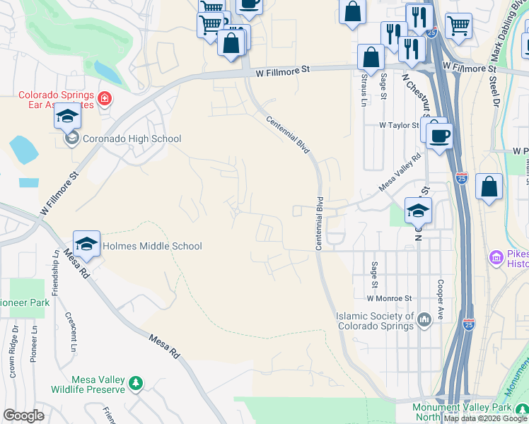 map of restaurants, bars, coffee shops, grocery stores, and more near 3141 Centennial Boulevard in Colorado Springs