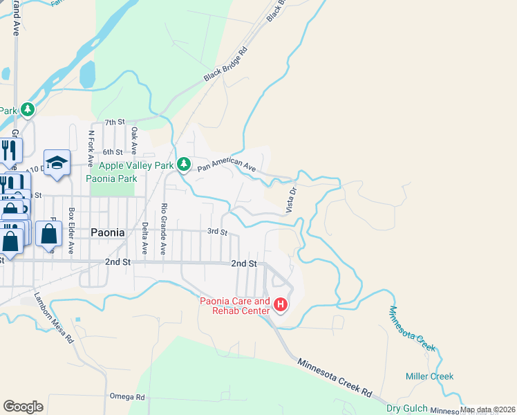 map of restaurants, bars, coffee shops, grocery stores, and more near 446 Vista Drive in Paonia