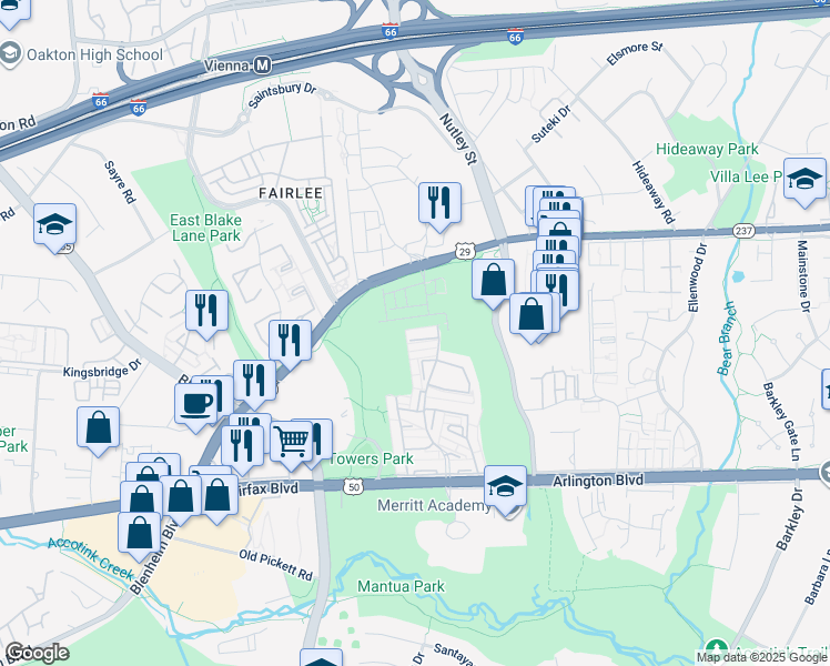 map of restaurants, bars, coffee shops, grocery stores, and more near 9314 Clanbrook Court in Fairfax