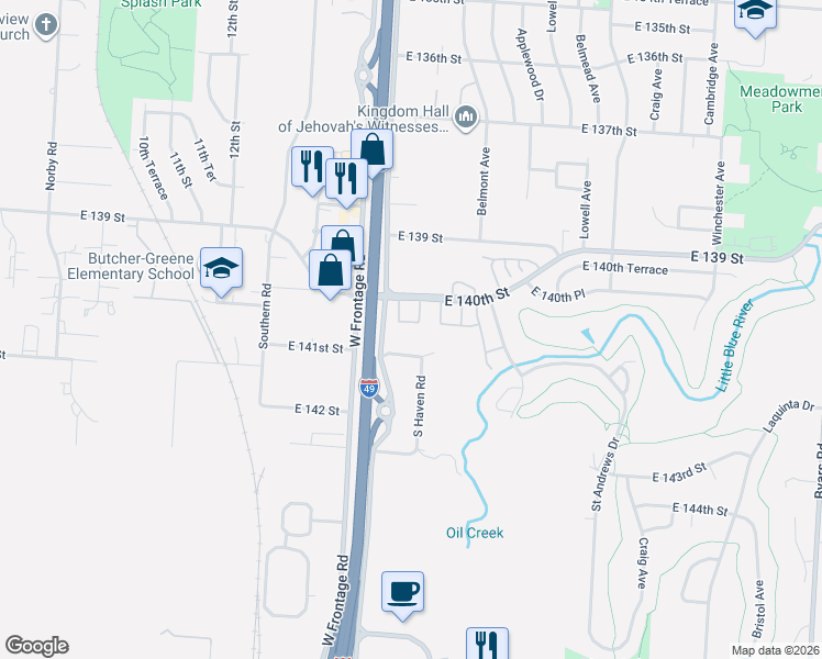 map of restaurants, bars, coffee shops, grocery stores, and more near 14015 Dunbar Court in Grandview