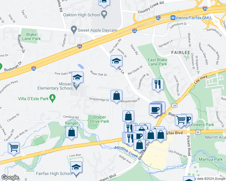 map of restaurants, bars, coffee shops, grocery stores, and more near 9710 Kingsbridge Drive in Fairfax