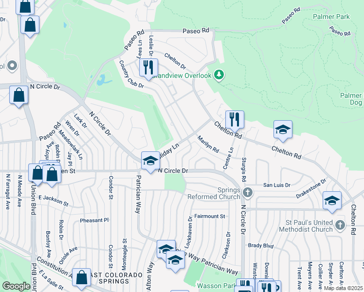 map of restaurants, bars, coffee shops, grocery stores, and more near 2627 Holiday Lane in Colorado Springs