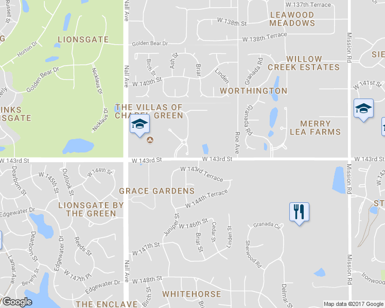 map of restaurants, bars, coffee shops, grocery stores, and more near 5010 West 142nd Terrace in Overland Park