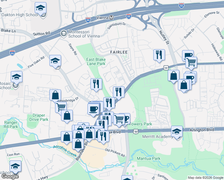 map of restaurants, bars, coffee shops, grocery stores, and more near 3071 Southern Elm Court in Fairfax