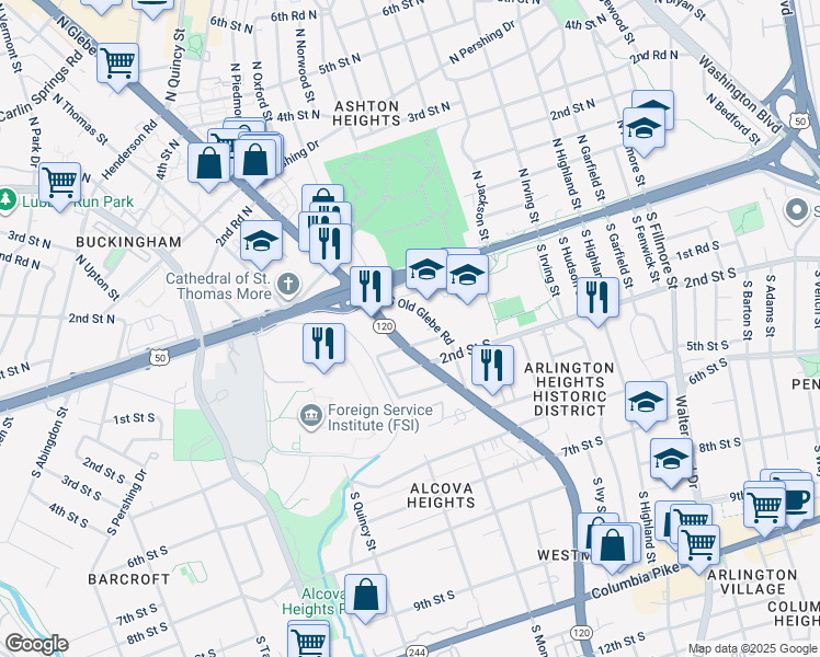 map of restaurants, bars, coffee shops, grocery stores, and more near 24 South Old Glebe Road in Arlington