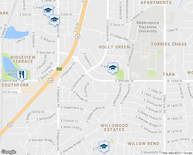 map of restaurants, bars, coffee shops, grocery stores, and more near 1602 E Sheridan St in Olathe