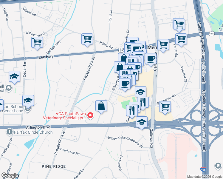 map of restaurants, bars, coffee shops, grocery stores, and more near 2977 Winter Jack Lane in Fairfax