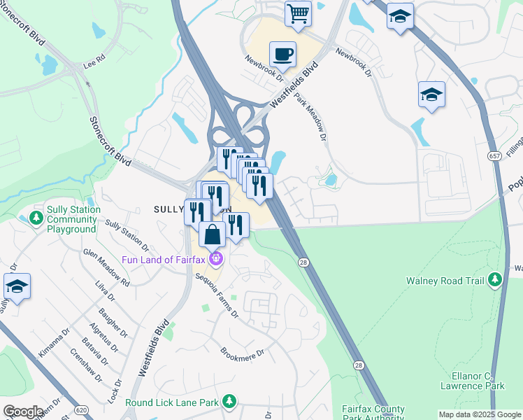 map of restaurants, bars, coffee shops, grocery stores, and more near 5009 Westone Plaza in Centreville