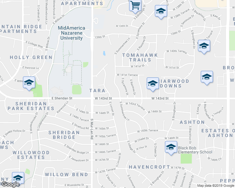 map of restaurants, bars, coffee shops, grocery stores, and more near 14220 South Summertree Lane in Olathe