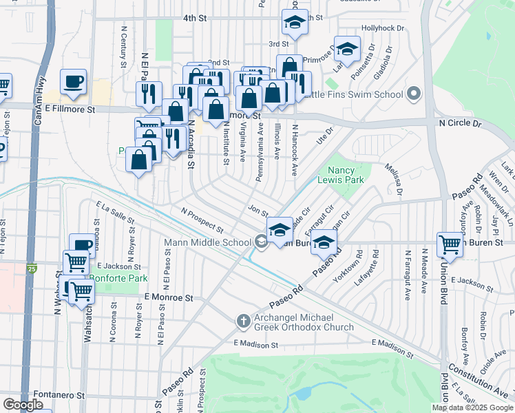 map of restaurants, bars, coffee shops, grocery stores, and more near 2730 Jon Street in Colorado Springs
