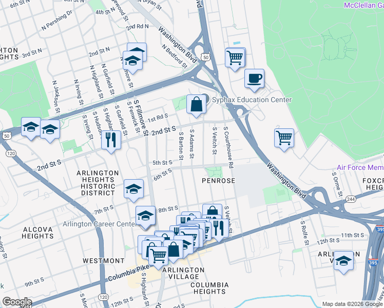 map of restaurants, bars, coffee shops, grocery stores, and more near 412 South Adams Street in Arlington