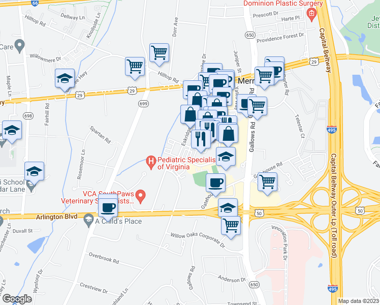 map of restaurants, bars, coffee shops, grocery stores, and more near 2971 Stella Blue Lane in Fairfax