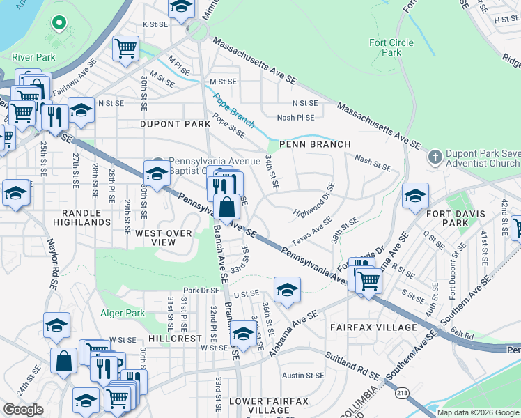 map of restaurants, bars, coffee shops, grocery stores, and more near 3323 Carpenter Street Southeast in Washington