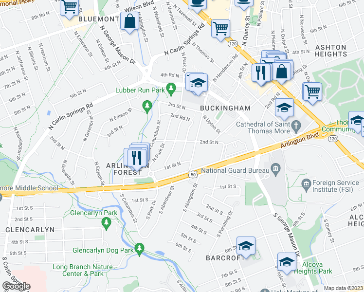 map of restaurants, bars, coffee shops, grocery stores, and more near 132 North Wakefield Street in Arlington