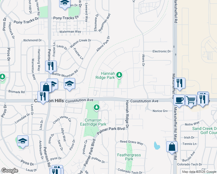 map of restaurants, bars, coffee shops, grocery stores, and more near 2507 Grand Prix Court in Colorado Springs
