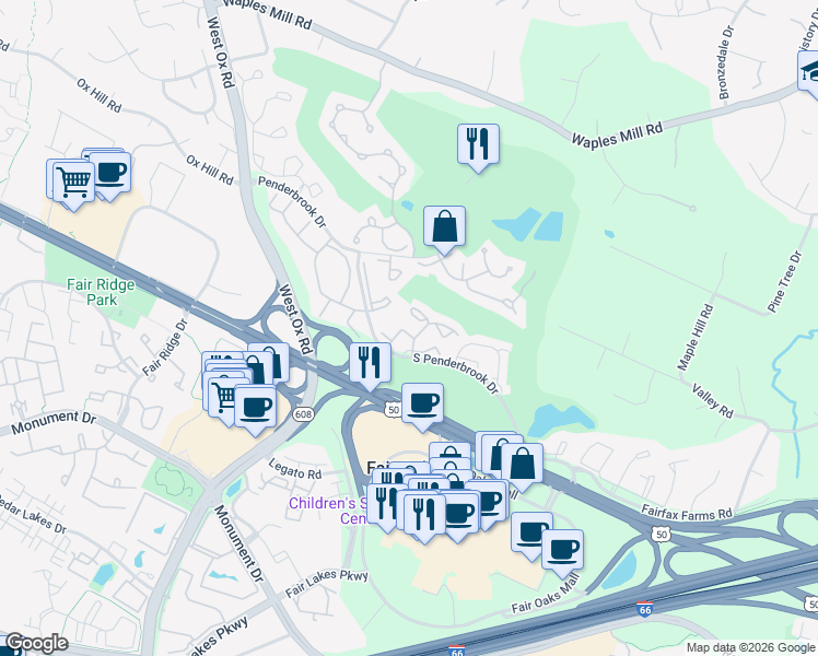 map of restaurants, bars, coffee shops, grocery stores, and more near 12008 Lisa Marie Court in Fairfax